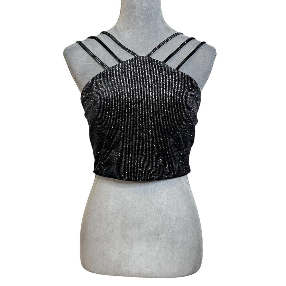 City Vibe Tank Top Womens 7 Black Glitter Cropped Strappy Sweetheart Zip Back